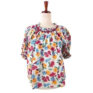 THE GREAT Smythe Floral Embroidered Ruffle Neck Puff Sleeve Blouse Size 2